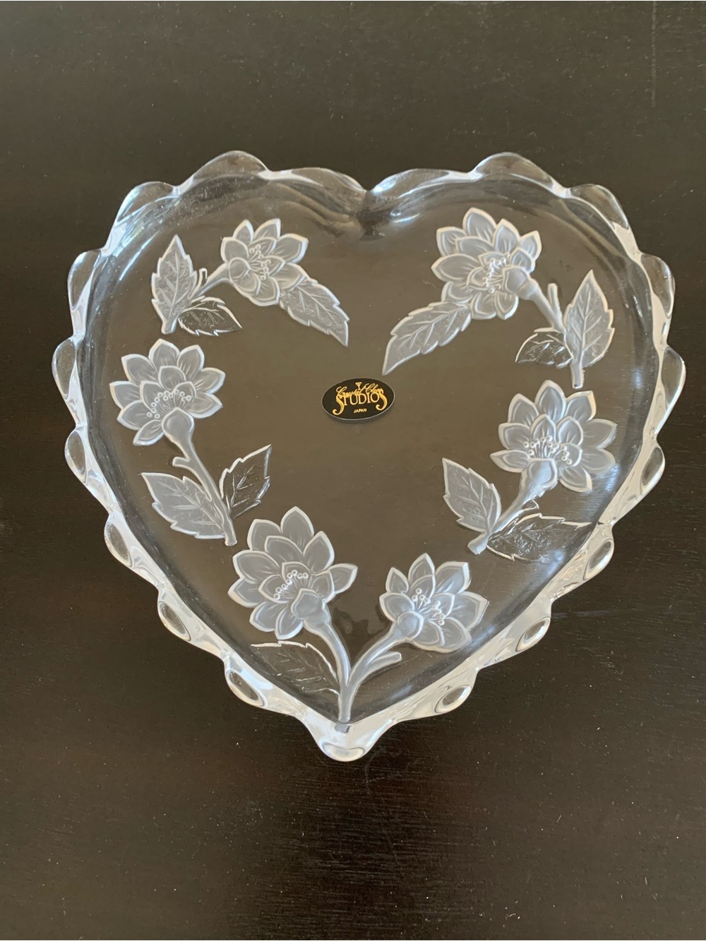 Crystal Clear Glass Studios Heart Shaped Platter Dish Chrysanthemums Scalloped